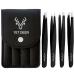 1st Deer Precision Tweezers - Professional Stainless Steel Tweezer Set with Carry Pouch - Ingrown Hair Remover for Women & Men Black