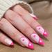 NOVO OVO Medium Long Oval Stiletto Pale Hot Pink French Tip with Yinyang Heart Thick False Fake Press on Nails LOVE CYCLE Glossy Taichi Elegant Stick on Acrylic Kit with Glue for Valentine's Spring