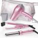 DAN Technology Hair Styling Set Including Travel Hair Dryer Mini Flat Iron and Travel Curling Iron with European Plug Dual Voltage Portable Storage Bag Pink Plik