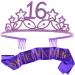 MEANT2TOBE 16th Birthday Sash and Tiara for Girls - Fabulous Set: Glitter Sash + Stars Rhinestone Purple Premium Metal Tiara  16th Birthday Gifts for Sweet 16 Birthday Party