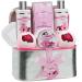 Bath and Body Spa Gift Basket Set for Women Cherry Blossom Home Spa Set with Fragrant Lotions 2 Extra Large Bath Bombs Mirror Silver Reusable Travel Cosmetics Bag & More Christmas Care Package