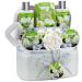 Fathers Day Bath and Body Gift Basket For Women & Men  14 Piece Set in White Jasmine Scent - Home Spa Set with 6 Bath Bombs  Body Lotion  Rose Soaps  Hand Crafted White Sequined Cosmetics Bag and More