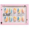 Jellybean - short, oval press-on nails on a semi-transparent base with abstract multicolor designs